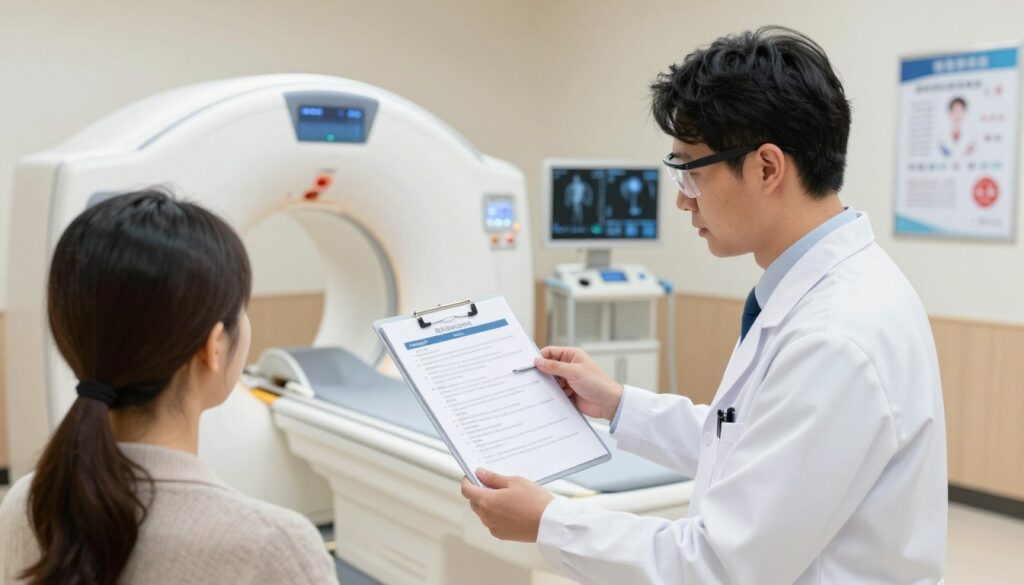 An informative illustration depicting the contraindications and precautions associated with a CT scan. In the foreground, a healthcare professional, dressed in a white lab coat and safety glasses, is explaining a medical chart highlighting potential contraindications to a patient seated in a clinical setting. In the middle ground, medical equipment related to CT scanning, such as a CT scanner and diagnostic images, is subtly incorporated to provide context. The background includes neutral-colored walls with medical posters about safety protocols and patient care. Soft, natural lighting creates a calm, reassuring atmosphere, enhancing the educational focus of the scene. The composition should be clear and professional, emphasizing the importance of understanding the risks and precautions related to CT scans. An informative illustration depicting the contraindications and precautions associated with a CT scan. In the foreground, a healthcare professional, dressed in a white lab coat and safety glasses, is explaining a medical chart highlighting potential contraindications to a patient seated in a clinical setting. In the middle ground, medical equipment related to CT scanning, such as a CT scanner and diagnostic images, is subtly incorporated to provide context. The background includes neutral-colored walls with medical posters about safety protocols and patient care. Soft, natural lighting creates a calm, reassuring atmosphere, enhancing the educational focus of the scene. The composition should be clear and professional, emphasizing the importance of understanding the risks and precautions related to CT scans.