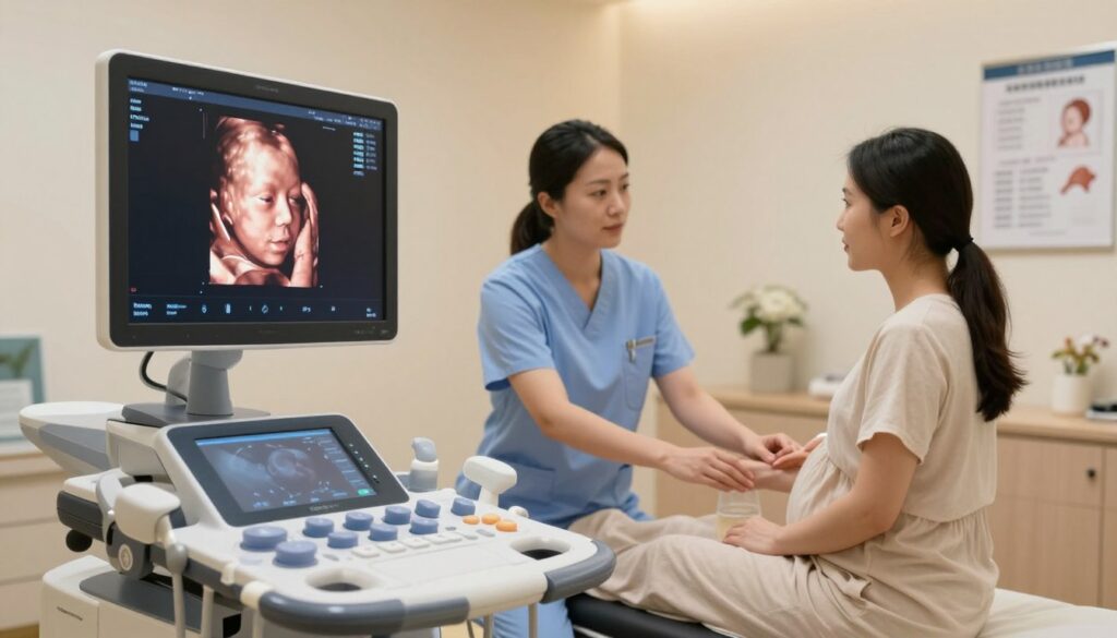 A 3D/4D ultrasound scene, showcasing a well-lit medical examination room. In the foreground, a modern ultrasound machine with a large screen displaying a clear, vivid 3D image of a fetus in the womb. The image features intricate details of the fetus's features, emphasizing clarity and anatomical accuracy. In the middle ground, a healthcare professional, dressed in a professional attire, is gently guiding a pregnant woman, who is wearing a comfortable and modest outfit, as they prepare for the ultrasound. The background includes soft, warm lighting that enhances the welcoming atmosphere of the room, with medical charts and soft furnishings, creating a serene and professional environment. The overall mood is calm and encouraging, reflecting a supportive prenatal care setting.