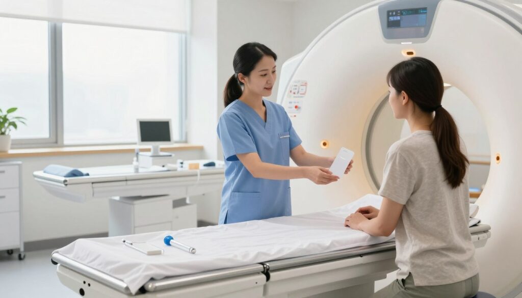 A clean and serene medical room designed for patient preparation before an MRI exam. In the foreground, a neatly made examination table with crisp, white linens and a couple of sterile medical instruments placed nearby. In the middle, a professional healthcare worker in modest scrubs attentively explaining the necessary fasting and preparation steps to a patient, dressed in comfortable yet professional attire. Bright, natural lighting streams in through large windows, creating a calming atmosphere. The background features advanced MRI machinery, sleek and modern, with soft, ambient lighting enhancing the sterile environment. The overall mood is focused, reassuring, and highly professional, emphasizing the importance of preparation for quality imaging results.