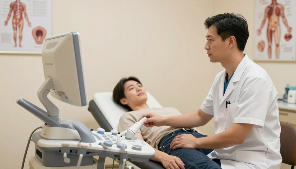 A clinical examination room with a modern ultrasound machine prominently featured in the foreground, set against a soft-focus backdrop of medical charts and anatomy posters. A healthcare professional, dressed in a white coat and scrubs, is demonstrating the ultrasound procedure on a patient. The patient, who is in a relaxed, composed state, is positioned on an examination table, with the technician’s focused expression capturing attention. Warm, diffused lighting creates a calm and professional atmosphere, highlighting the seriousness of thyroid health care. The angle of the shot is slightly above eye level, showcasing the interaction between the healthcare professional and the patient while emphasizing the ultrasound device in action. The overall mood is encouraging, informative, and professional. A clinical examination room with a modern ultrasound machine prominently featured in the foreground, set against a soft-focus backdrop of medical charts and anatomy posters. A healthcare professional, dressed in a white coat and scrubs, is demonstrating the ultrasound procedure on a patient. The patient, who is in a relaxed, composed state, is positioned on an examination table, with the technician’s focused expression capturing attention. Warm, diffused lighting creates a calm and professional atmosphere, highlighting the seriousness of thyroid health care. The angle of the shot is slightly above eye level, showcasing the interaction between the healthcare professional and the patient while emphasizing the ultrasound device in action. The overall mood is encouraging, informative, and professional.
