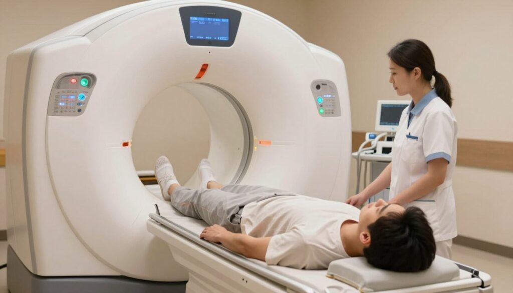 A clinical setting featuring a modern MRI machine designed for knee examinations. In the foreground, a patient in modest casual clothing lies comfortably on the MRI bed, looking relaxed and calm, with a trained technician in professional attire adjusting the machine. In the middle ground, the sleek, white MRI machine is prominently displayed, with blue and green lights gently illuminating the area, creating a soothing ambiance. In the background, soft focus on sterile medical equipment and monitoring devices. The overall atmosphere is professional and reassuring, highlighting the importance of MRI diagnostics for knee joint issues. Soft, warm lighting enhances the sense of safety and care in this medical environment, with a focus on conveying the significance of monitoring knee health through advanced imaging technology. A clinical setting featuring a modern MRI machine designed for knee examinations. In the foreground, a patient in modest casual clothing lies comfortably on the MRI bed, looking relaxed and calm, with a trained technician in professional attire adjusting the machine. In the middle ground, the sleek, white MRI machine is prominently displayed, with blue and green lights gently illuminating the area, creating a soothing ambiance. In the background, soft focus on sterile medical equipment and monitoring devices. The overall atmosphere is professional and reassuring, highlighting the importance of MRI diagnostics for knee joint issues. Soft, warm lighting enhances the sense of safety and care in this medical environment, with a focus on conveying the significance of monitoring knee health through advanced imaging technology.