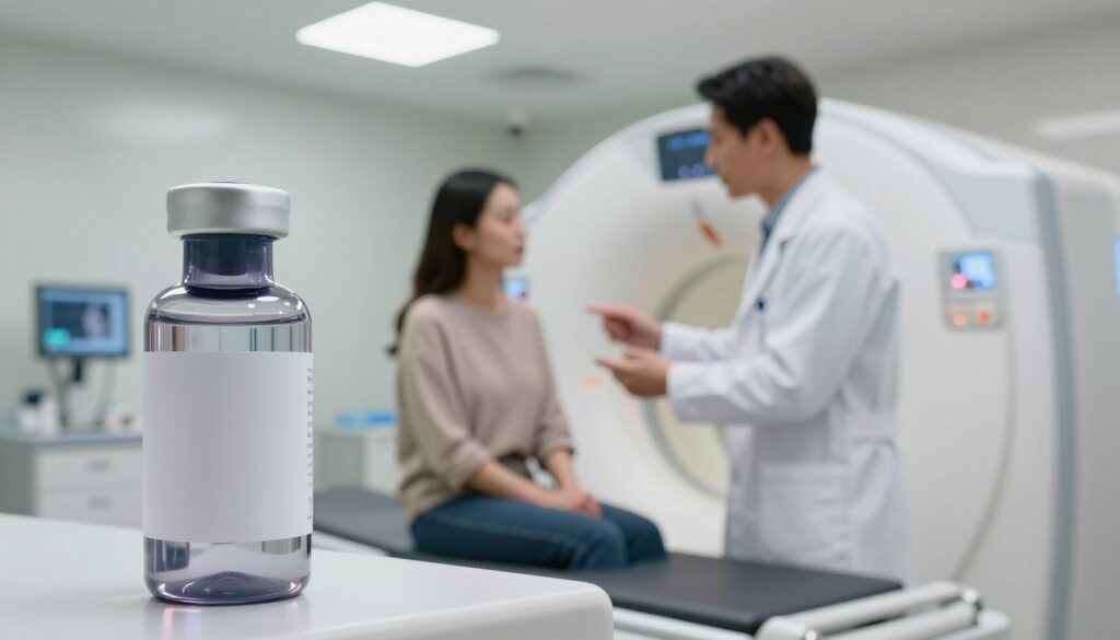 A clinical setting showcasing a person preparing for an MRI scan with contrast. In the foreground, a close-up of a sleek medical contrast media bottle with clear labeling, reflecting bright, sterile fluorescent lighting from above. In the middle ground, a medical professional in a lab coat, attentively explaining the process to a patient dressed in modest, casual attire. The patient looks calm, sitting on an examination table surrounded by high-tech medical equipment. In the background, a softly blurred MRI machine gleams under ambient lighting. The atmosphere is professional and reassuring, conveying a sense of safety and clarity in medical procedures, creating an inviting and informative space for the viewer. A clinical setting showcasing a person preparing for an MRI scan with contrast. In the foreground, a close-up of a sleek medical contrast media bottle with clear labeling, reflecting bright, sterile fluorescent lighting from above. In the middle ground, a medical professional in a lab coat, attentively explaining the process to a patient dressed in modest, casual attire. The patient looks calm, sitting on an examination table surrounded by high-tech medical equipment. In the background, a softly blurred MRI machine gleams under ambient lighting. The atmosphere is professional and reassuring, conveying a sense of safety and clarity in medical procedures, creating an inviting and informative space for the viewer.