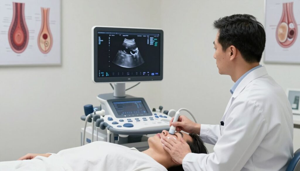 A clinical ultrasound room featuring a high-tech ultrasound machine displaying a sonogram of carotid arteries on its screen. In the foreground, a focused healthcare professional, dressed in a crisp white lab coat, examines the screen intently. In the middle ground, a patient reclines comfortably on an examination table, their neck exposed while the technician applies gel with an ultrasound transducer to the patient's skin. The background includes medical diagrams showing normal versus abnormal artery structures, such as plaques and stenosis, subtly illuminated by soft overhead lighting. The scene conveys a professional, reassuring atmosphere, highlighting the diagnostic process and common issues that can be detected in artery ultrasounds. The image reflects a modern, sterile medical environment, emphasizing patient care and advanced imaging technology.