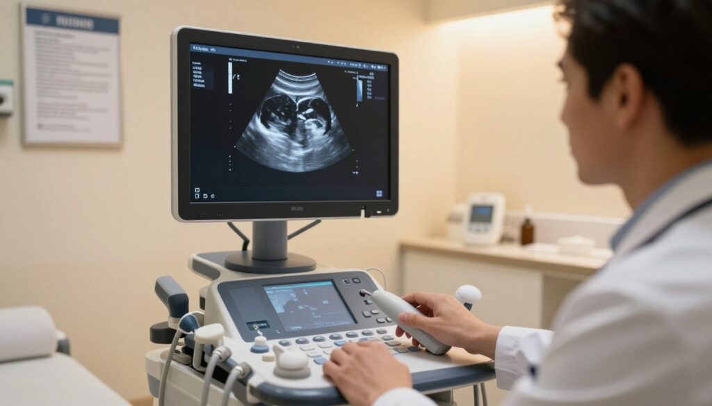 A clinically focused ultrasound machine displaying an image of lungs on its screen, set in a modern medical examination room. In the foreground, the ultrasound transducer is held by a physician in professional attire, carefully examining the lung ultrasound results. The background features medical charts and equipment, softly lit with warm overhead lighting to create an inviting atmosphere. The room is clean and organized, emphasizing a clinical yet comforting space. Shadows are gently cast, adding depth to the scene. The angle is slightly elevated, looking down at the interaction between the physician and the monitor, ensuring a clear view of the ultrasound image that reflects lung health and diagnostic procedures. A clinically focused ultrasound machine displaying an image of lungs on its screen, set in a modern medical examination room. In the foreground, the ultrasound transducer is held by a physician in professional attire, carefully examining the lung ultrasound results. The background features medical charts and equipment, softly lit with warm overhead lighting to create an inviting atmosphere. The room is clean and organized, emphasizing a clinical yet comforting space. Shadows are gently cast, adding depth to the scene. The angle is slightly elevated, looking down at the interaction between the physician and the monitor, ensuring a clear view of the ultrasound image that reflects lung health and diagnostic procedures.