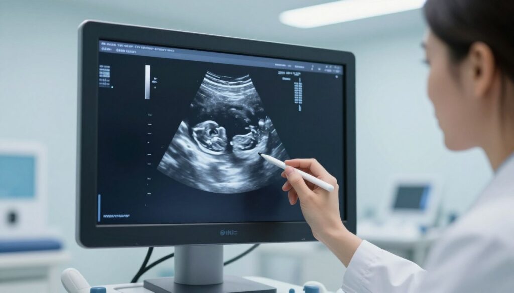 A close-up view of a medical ultrasound screen displaying detailed measurements of a fetal profile, showcasing key dimensions like head circumference and femur length. In the foreground, a physician, dressed in a professional white coat, examines the images with a focused expression, using a stylus to annotate the screen. The middle section features realistic, high-resolution ultrasound imagery of a developing fetus, bathed in soft blue and gray tones to convey a clinical atmosphere. In the background, a bright, sterile examination room enhances the setting, illuminated by soft, even lighting from overhead fluorescent lights. The mood is calm and professional, ideal for illustrating the importance of precise measurements in determining gestational age. A close-up view of a medical ultrasound screen displaying detailed measurements of a fetal profile, showcasing key dimensions like head circumference and femur length. In the foreground, a physician, dressed in a professional white coat, examines the images with a focused expression, using a stylus to annotate the screen. The middle section features realistic, high-resolution ultrasound imagery of a developing fetus, bathed in soft blue and gray tones to convey a clinical atmosphere. In the background, a bright, sterile examination room enhances the setting, illuminated by soft, even lighting from overhead fluorescent lights. The mood is calm and professional, ideal for illustrating the importance of precise measurements in determining gestational age.