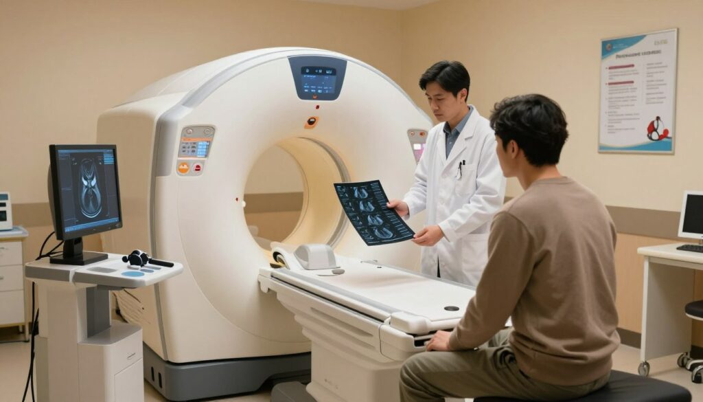A cozy, well-lit medical examination room is depicted, with a large MRI machine in the middle, showcasing its sleek, modern design. In the foreground, a concerned patient, dressed in modest casual clothing, is seated on an examination table, looking at a prepared MRI scan on a monitor nearby. A caring medical professional, wearing a lab coat, stands over the patient, discussing the scan. The background features calming colors on the walls and medical posters providing information about MRIs, enhancing the feeling of reassurance. Soft diffused lighting casts gentle shadows, creating an inviting atmosphere. The composition captures the anticipation and preparation for an MRI interpretation, emphasizing the importance of professional guidance. A cozy, well-lit medical examination room is depicted, with a large MRI machine in the middle, showcasing its sleek, modern design. In the foreground, a concerned patient, dressed in modest casual clothing, is seated on an examination table, looking at a prepared MRI scan on a monitor nearby. A caring medical professional, wearing a lab coat, stands over the patient, discussing the scan. The background features calming colors on the walls and medical posters providing information about MRIs, enhancing the feeling of reassurance. Soft diffused lighting casts gentle shadows, creating an inviting atmosphere. The composition captures the anticipation and preparation for an MRI interpretation, emphasizing the importance of professional guidance.
