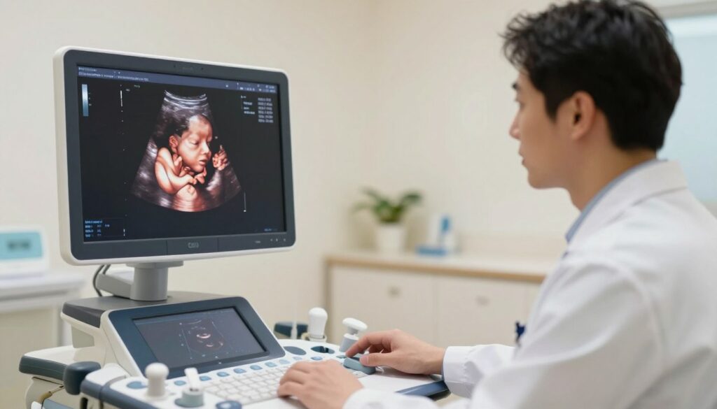 A detailed 3D and 4D ultrasound visualization showcasing a healthy fetus during the optimal week for clarity. In the foreground, the ultrasound imaging screen displays a crisp, lifelike image of the fetus, emphasizing features like facial details and limbs. The middle ground captures a professional healthcare provider, dressed in lab coat, observing the screen with focused attention, reflecting a caring environment. In the background, a softly lit medical room is visible, equipped with ultrasound machinery, soothing colors, and minimal decorations to enhance a calming atmosphere. The lighting is bright yet gentle, creating a serene mood as it highlights the clarity of the ultrasound image. The overall composition invites a sense of professionalism and hope, ideal for educational discourse.