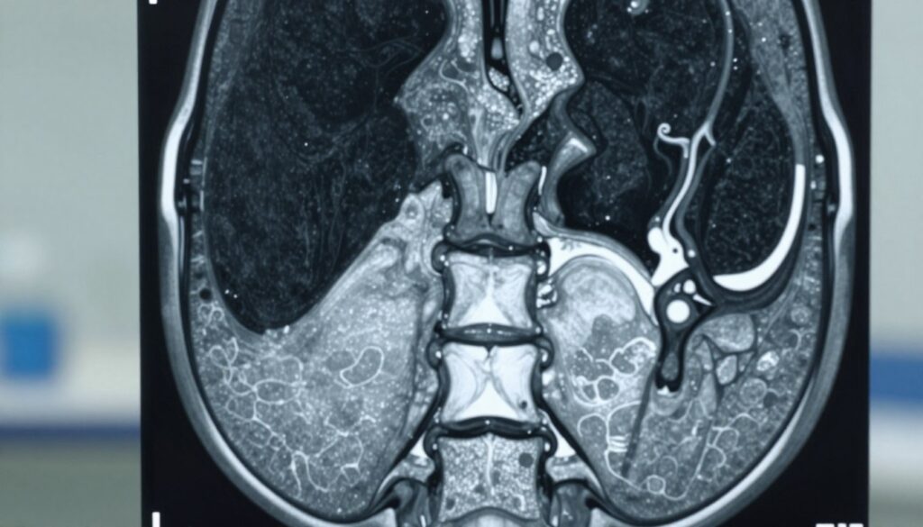 A detailed MRI scan of the thoracic spine displayed prominently, showcasing the intricate details of the vertebrae and intervertebral discs. The foreground features a high-resolution, cross-sectional view highlighting the spinal canal and surrounding anatomy, revealing the fine textures of bone and cartilage. The middle ground provides additional clarity on the soft tissues and nerves, illustrating the complex interrelations. The background is subtly blurred to emphasize the MRI scan while maintaining a sterile clinical environment. Soft, diffused lighting enhances the visibility of the structures without glare, simulating a medical examination room. The overall mood conveys professionalism and precision, suitable for a medical context, with a clear focus on the thoracic spine MRI.