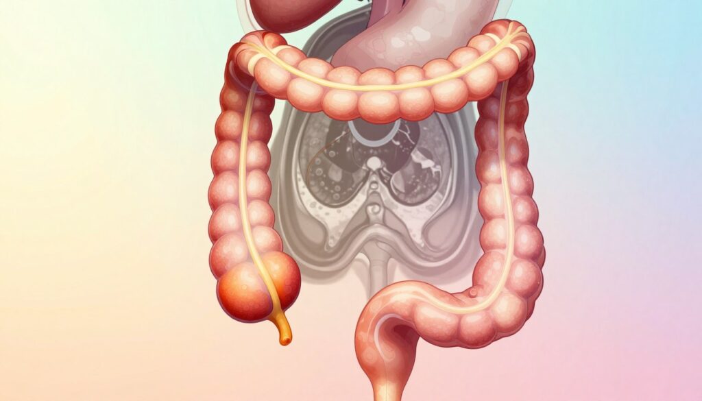 A detailed, anatomical illustration of the human large intestine, highlighting the colon in vibrant colors against a soft, gradient background. The foreground features an intricate depiction of healthy tissue alongside areas representing early signs of colorectal cancer, showcasing subtle color variations to indicate affected regions. The middle ground includes faint outlines of an MRI scan overlay, emphasizing the importance of imaging technology in detection. The background is softly blurred to keep focus on the colon, with warm, natural lighting that conveys a sense of hope and awareness. The overall mood is informative and clinical, aimed at educating viewers on the significance of early detection in colorectal health.