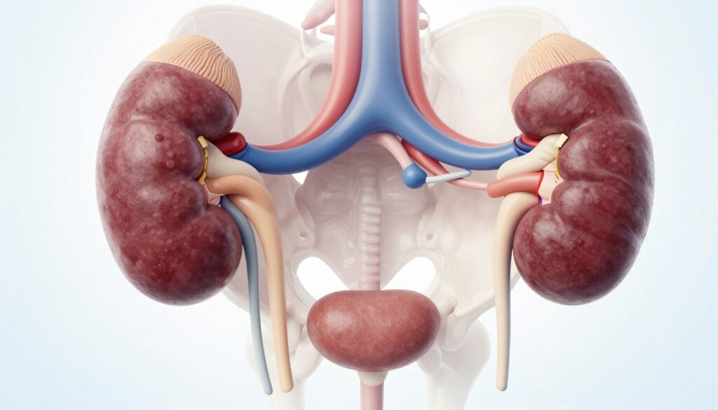 A detailed anatomical illustration of the urinary system (układu moczowego), showcasing the kidneys, ureters, bladder, and urethra in a clear, educational style. In the foreground, highlight the kidneys with labels for different structures, including the renal cortex and medulla. The middle section should include the ureters leading to the bladder, demonstrating their connection through a semi-transparent view. In the background, position the bladder with a subtle outline of the pelvis, emphasizing the overall anatomy. Use soft, diffused lighting to create a calm and informative mood, with a professional aesthetic. The illustration should be visually captivating yet scientifically accurate, suitable for educational purposes and devoid of any text, annotations, or branding.