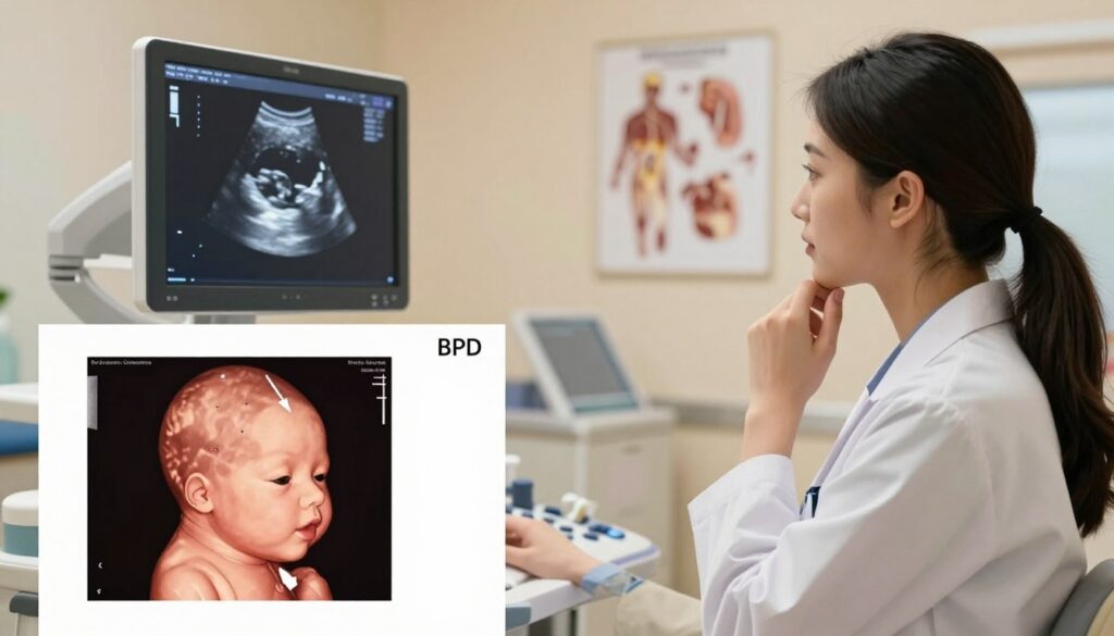 A detailed and informative medical illustration showing the differences in head circumference measurement (BPD) in a typical prenatal ultrasound setting. In the foreground, a clear and labeled ultrasound image of a fetus's head, highlighting measurement points with arrows and annotations in a clean, professional style. The middle layer depicts a female medical professional in scrubs and a lab coat, attentively analyzing the ultrasound screen. She has a thoughtful expression, showcasing expertise and diligence. In the background, a softly lit medical examination room with ultrasound equipment and anatomical charts that provide context for the setting. The lighting is warm and clinical, creating a focused atmosphere, while ensuring that the overall composition is visually engaging and educational. A detailed and informative medical illustration showing the differences in head circumference measurement (BPD) in a typical prenatal ultrasound setting. In the foreground, a clear and labeled ultrasound image of a fetus's head, highlighting measurement points with arrows and annotations in a clean, professional style. The middle layer depicts a female medical professional in scrubs and a lab coat, attentively analyzing the ultrasound screen. She has a thoughtful expression, showcasing expertise and diligence. In the background, a softly lit medical examination room with ultrasound equipment and anatomical charts that provide context for the setting. The lighting is warm and clinical, creating a focused atmosphere, while ensuring that the overall composition is visually engaging and educational.