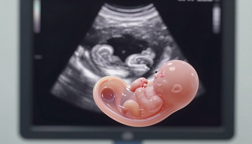 A detailed and realistic illustration of a gestational sac in the context of early pregnancy ultrasound imaging. In the foreground, showcase a clear and enlarged view of the gestational sac, displaying its smooth, rounded shape filled with a translucent fluid. In the middle ground, subtly highlight the developing embryo within the sac, along with a small heartbeat indicator, symbolizing early gestation. The background should depict a softly blurred ultrasound screen for context, with gentle, diffused lighting that enhances the medical atmosphere. Use a high-resolution lens effect to create depth, ensuring a professional and clinical feel. The overall mood should be informative and hopeful, emphasizing the beauty and significance of early pregnancy detection. A detailed and realistic illustration of a gestational sac in the context of early pregnancy ultrasound imaging. In the foreground, showcase a clear and enlarged view of the gestational sac, displaying its smooth, rounded shape filled with a translucent fluid. In the middle ground, subtly highlight the developing embryo within the sac, along with a small heartbeat indicator, symbolizing early gestation. The background should depict a softly blurred ultrasound screen for context, with gentle, diffused lighting that enhances the medical atmosphere. Use a high-resolution lens effect to create depth, ensuring a professional and clinical feel. The overall mood should be informative and hopeful, emphasizing the beauty and significance of early pregnancy detection.