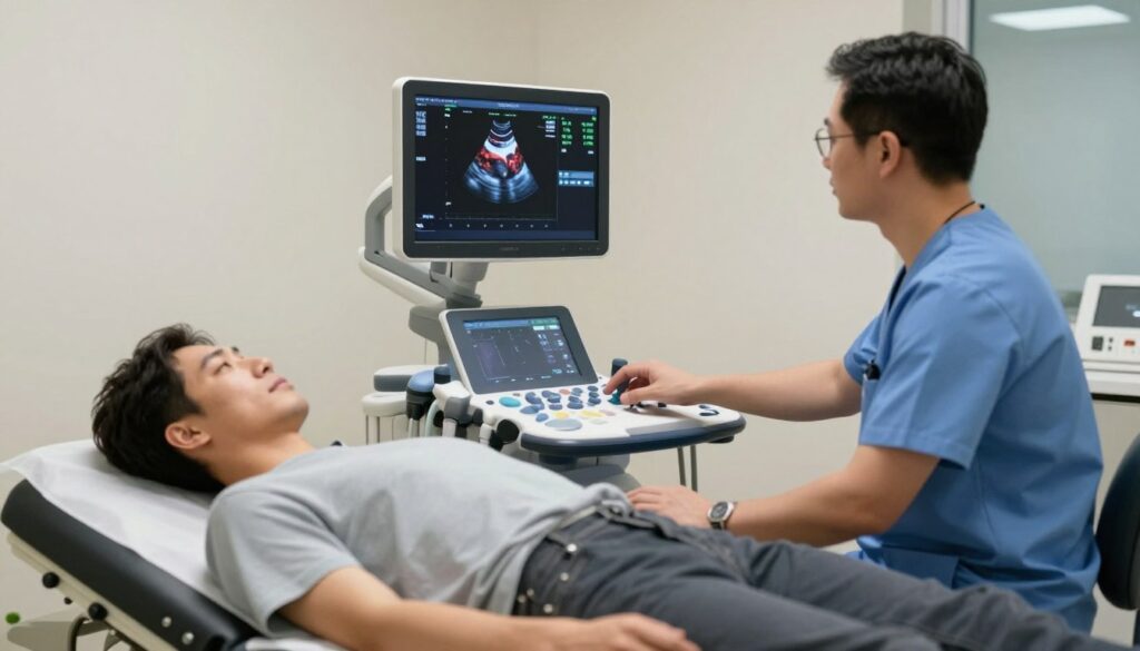 A detailed echocardiogram in a modern medical setting. In the foreground, a patient lies comfortably on an examination table, dressed in modest casual clothing. A healthcare professional, wearing scrubs, is gently operating an advanced ultrasound machine, displaying a vibrant, colorful echocardiogram image on the screen. In the middle ground, various medical tools and monitors illustrate the clinical environment. The background features a clean, well-organized examination room with soft overhead lighting that creates a calm, professional atmosphere. The scene should evoke a sense of trust and professionalism, capturing the importance of echocardiography in assessing heart health. The image should be well-composed and focused, emphasizing the interaction between the patient and healthcare provider. A detailed echocardiogram in a modern medical setting. In the foreground, a patient lies comfortably on an examination table, dressed in modest casual clothing. A healthcare professional, wearing scrubs, is gently operating an advanced ultrasound machine, displaying a vibrant, colorful echocardiogram image on the screen. In the middle ground, various medical tools and monitors illustrate the clinical environment. The background features a clean, well-organized examination room with soft overhead lighting that creates a calm, professional atmosphere. The scene should evoke a sense of trust and professionalism, capturing the importance of echocardiography in assessing heart health. The image should be well-composed and focused, emphasizing the interaction between the patient and healthcare provider.