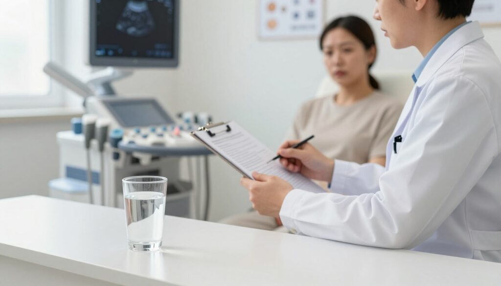 A detailed, educational scene depicting a medical examination room focused on a full bladder prior to an ultrasound. In the foreground, a transparent glass filled with water sits on a clean, white counter, symbolizing the preparation phase. In the middle, a medical professional in a crisp white lab coat, with a clipboard, is reviewing instructions for a patient who appears attentive yet slightly anxious. The background features a medical ultrasound machine with soft, indirect lighting to create a calm atmosphere, highlighting the seriousness of the procedure. Natural light filters in from a window, enhancing the tranquil setting, while medical charts and diagrams can subtly adorn the walls. The overall mood is informative and reassuring, emphasizing the importance of proper preparation for the ultrasound. A detailed, educational scene depicting a medical examination room focused on a full bladder prior to an ultrasound. In the foreground, a transparent glass filled with water sits on a clean, white counter, symbolizing the preparation phase. In the middle, a medical professional in a crisp white lab coat, with a clipboard, is reviewing instructions for a patient who appears attentive yet slightly anxious. The background features a medical ultrasound machine with soft, indirect lighting to create a calm atmosphere, highlighting the seriousness of the procedure. Natural light filters in from a window, enhancing the tranquil setting, while medical charts and diagrams can subtly adorn the walls. The overall mood is informative and reassuring, emphasizing the importance of proper preparation for the ultrasound.