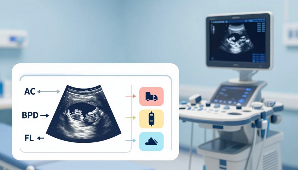 A detailed illustration depicting the abbreviations and symbols related to fetal ultrasound in a clinical setting. Foreground: A clear, organized chart displaying various abbreviations like AC, BPD, and FL, visually connected with arrows and color-coded sections. Middle: A subtle background featuring a well-lit ultrasound room, with medical equipment like a high-resolution ultrasound machine and the soft glow of a monitor displaying a sonogram image. Background: A calming color palette of soft blues and whites, creating a clinical yet inviting atmosphere. The focus should be on clarity and education, with soft, even lighting illuminating the chart and symbols. The overall mood should be informative and professional, suitable for a medical audience.
