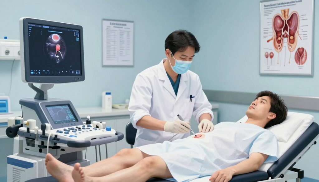 A detailed illustration of a biopsy procedure involving the rectal area, set in a modern medical examination room. The foreground features a high-resolution medical imaging device used for transrectal ultrasound, showing the equipment's screen displaying an anatomical overview of the prostate. In the middle, a focused clinician in professional attire operates the device with surgical precision, while a patient, dressed in a modest hospital gown, is positioned comfortably on the examination table. The background shows medical charts and anatomical posters providing context about prostate health, illuminated by soft, clinical lighting that enhances the sterile atmosphere. The mood is clinical yet reassuring, emphasizing professionalism and patient care in a healthcare environment. A detailed illustration of a biopsy procedure involving the rectal area, set in a modern medical examination room. The foreground features a high-resolution medical imaging device used for transrectal ultrasound, showing the equipment's screen displaying an anatomical overview of the prostate. In the middle, a focused clinician in professional attire operates the device with surgical precision, while a patient, dressed in a modest hospital gown, is positioned comfortably on the examination table. The background shows medical charts and anatomical posters providing context about prostate health, illuminated by soft, clinical lighting that enhances the sterile atmosphere. The mood is clinical yet reassuring, emphasizing professionalism and patient care in a healthcare environment.