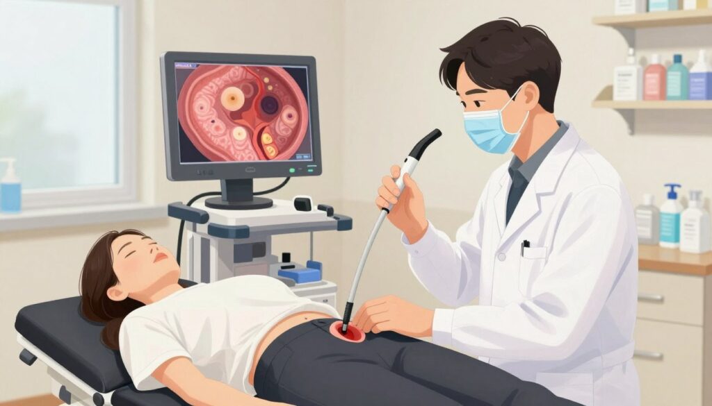 A detailed illustration of a colonoscopy procedure, showcasing a medical professional in a sterile environment. In the foreground, a doctor in a white lab coat and blue surgical mask is gently maneuvering the colonoscope, which is a flexible tube with a camera, into the rectum of a patient lying on a medical examination table. The patient is clothed modestly, adding to the professionalism of the scene. In the middle ground, a monitor displays magnified images of the interior of the colon, highlighting polyp detection and abnormalities. The background features well-organized medical equipment, shelves with medical supplies, and a window allowing soft, natural light to illuminate the room. The atmosphere conveys a sense of calm professionalism, emphasizing the importance of this diagnostic procedure in ensuring patient health.