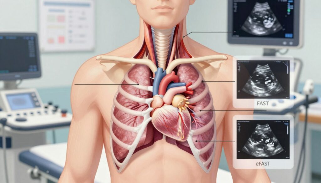 A detailed illustration of a human chest anatomy as seen in a medical context. In the foreground, a clear labeled diagram showcasing the key structures such as ribs, lungs, and heart, rendered with soft, realistic colors. The middle layer includes a transparent overlay displaying ultrasound images of the chest, highlighting various views used in FAST and eFAST examinations. The background features a clinical setting with medical equipment, such as ultrasound machines and charts, in soft-focus to emphasize the anatomical details in the foreground. The lighting is bright and even, simulating a well-lit examination room, providing a professional and informative atmosphere suitable for a medical article. The overall mood is educational and clinical. A detailed illustration of a human chest anatomy as seen in a medical context. In the foreground, a clear labeled diagram showcasing the key structures such as ribs, lungs, and heart, rendered with soft, realistic colors. The middle layer includes a transparent overlay displaying ultrasound images of the chest, highlighting various views used in FAST and eFAST examinations. The background features a clinical setting with medical equipment, such as ultrasound machines and charts, in soft-focus to emphasize the anatomical details in the foreground. The lighting is bright and even, simulating a well-lit examination room, providing a professional and informative atmosphere suitable for a medical article. The overall mood is educational and clinical.