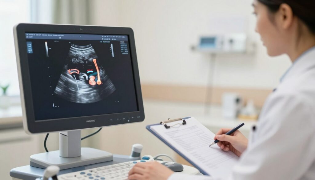 A detailed illustration of fetal bone length measurement during a second or third trimester ultrasound. In the foreground, feature a digital ultrasound screen displaying a clear image with highlighted areas indicating the measurement of long bones, such as the femur and humerus. In the middle ground, depict a healthcare professional, dressed in a lab coat, attentively examining the ultrasound results while holding a clipboard. The background should softly blur the clinical environment of an ultrasound room, with medical equipment subtly visible, conveying a sense of professionalism. Use bright, natural lighting to create a warm and informative atmosphere, with a focus on the screen's illuminated details to highlight the technical nature of prenatal measurements.