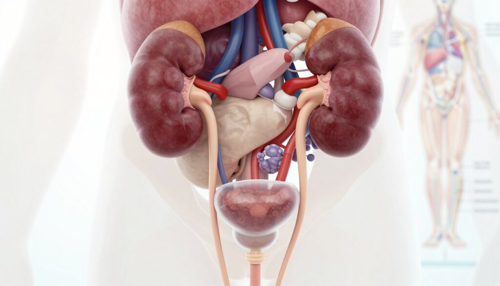 A detailed illustration of the urinary system, showcasing the bladder and surrounding organs like the kidneys and ureters. In the foreground, a clear and labeled view of the bladder in a semi-transparent style, allowing visualization of internal structures. The middle ground features the kidneys, with intricate details highlighting their anatomical features, and the ureters connecting them to the bladder. In the background, a soft-focus anatomical chart providing context to the urinary system. The lighting is bright and clinical, emulating a medical environment, highlighting the organs in a realistic manner. The atmosphere is professional and educative, ideal for a medical article, without any human figures or extraneous elements, ensuring a clean and focused composition.