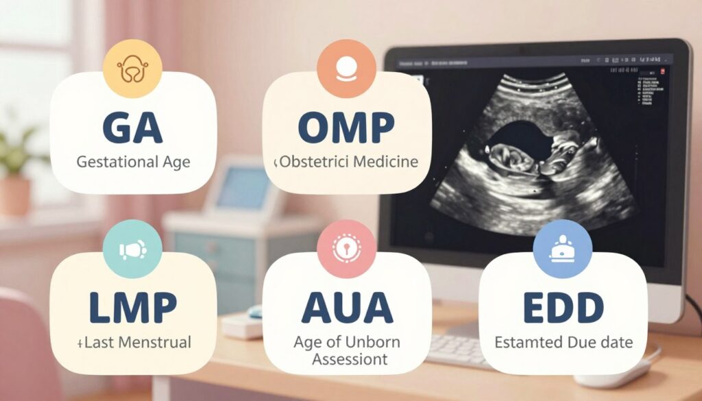 A detailed illustration showing various medical abbreviations relevant to pregnancy, such as GA (Gestational Age), OM (Obstetric Medicine), LMP (Last Menstrual Period), AUA (Age of Unborn Assessment), and EDD (Estimated Due Date) in a visually engaging way. The foreground features a stylized infographic-style representation of each abbreviation with clear symbols, icons, and light color coding. The middle ground includes a soft-focused ultrasound image displaying a fetus, symbolizing the theme of pregnancy, while the background subtly incorporates a calming healthcare setting with soft lighting and pastel colors. The mood should be informative yet hopeful, evoking a sense of care and professionalism. The composition should be well-balanced, drawing attention to the abbreviations and emphasizing their importance without any text or overlays. A detailed illustration showing various medical abbreviations relevant to pregnancy, such as GA (Gestational Age), OM (Obstetric Medicine), LMP (Last Menstrual Period), AUA (Age of Unborn Assessment), and EDD (Estimated Due Date) in a visually engaging way. The foreground features a stylized infographic-style representation of each abbreviation with clear symbols, icons, and light color coding. The middle ground includes a soft-focused ultrasound image displaying a fetus, symbolizing the theme of pregnancy, while the background subtly incorporates a calming healthcare setting with soft lighting and pastel colors. The mood should be informative yet hopeful, evoking a sense of care and professionalism. The composition should be well-balanced, drawing attention to the abbreviations and emphasizing their importance without any text or overlays.