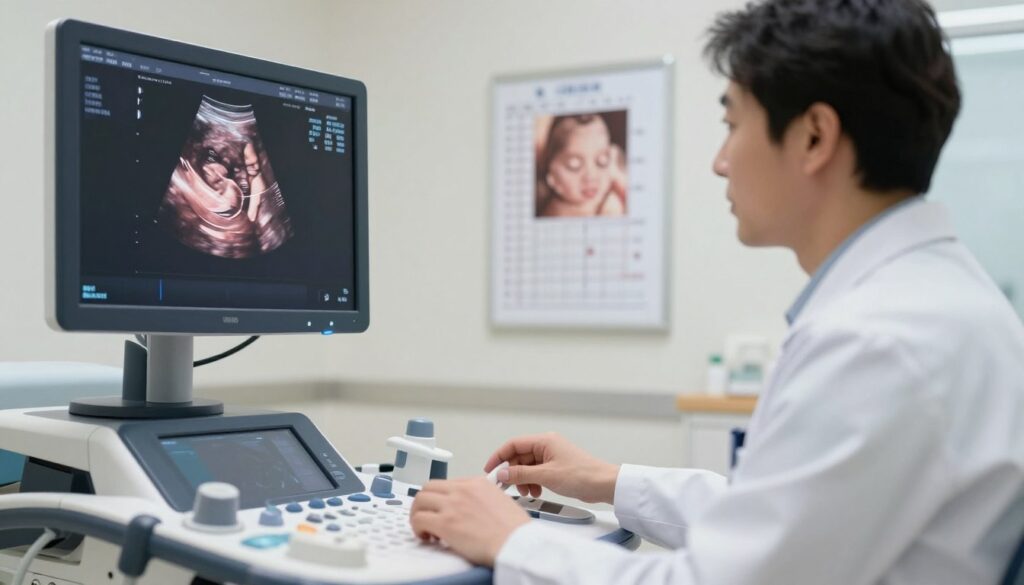A detailed medical illustration focused on fetal measurements, emphasizing the measurement of fetal circumference. In the foreground, display a professional ultrasound machine displaying a clear, detailed sonogram image of a fetus, highlighting the circumference measurement. In the middle, a healthcare professional, dressed in a white lab coat, is examining the ultrasound results, showcasing their concentration and expertise. In the background, a clinical setting with soft, diffused lighting, creating a calming atmosphere, includes medical charts and fetal growth percentile graphs on the walls. The image should feel informative and professional, with a focus on precision and care in prenatal imaging. The angle should be slightly tilted to capture the interaction between the professional and the ultrasound screen while keeping the environment visible.