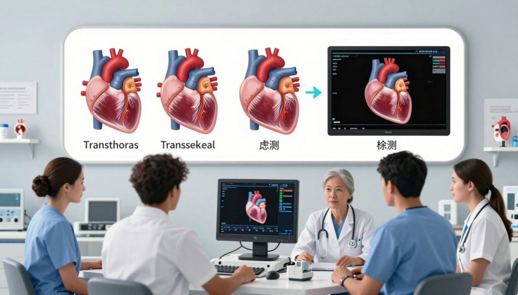 A detailed medical illustration of echocardiography concepts, focusing on the three types: transthoracic, transesophageal, and stress echocardiography. In the foreground, a diverse group of healthcare professionals in professional attire, attentively observing a high-tech echocardiogram machine displaying a vivid image of a heart. The middle ground shows an anatomical heart graphic, highlighted in various colors to differentiate the types of echo studies, with labels for each type. The background features a modern medical examination room, well-lit with soft, diffused lighting, and equipped with medical charts and anatomical models on shelves. The overall mood is clinical and informative, designed to convey a sense of professionalism and advanced medical technology. A detailed medical illustration of echocardiography concepts, focusing on the three types: transthoracic, transesophageal, and stress echocardiography. In the foreground, a diverse group of healthcare professionals in professional attire, attentively observing a high-tech echocardiogram machine displaying a vivid image of a heart. The middle ground shows an anatomical heart graphic, highlighted in various colors to differentiate the types of echo studies, with labels for each type. The background features a modern medical examination room, well-lit with soft, diffused lighting, and equipped with medical charts and anatomical models on shelves. The overall mood is clinical and informative, designed to convey a sense of professionalism and advanced medical technology.