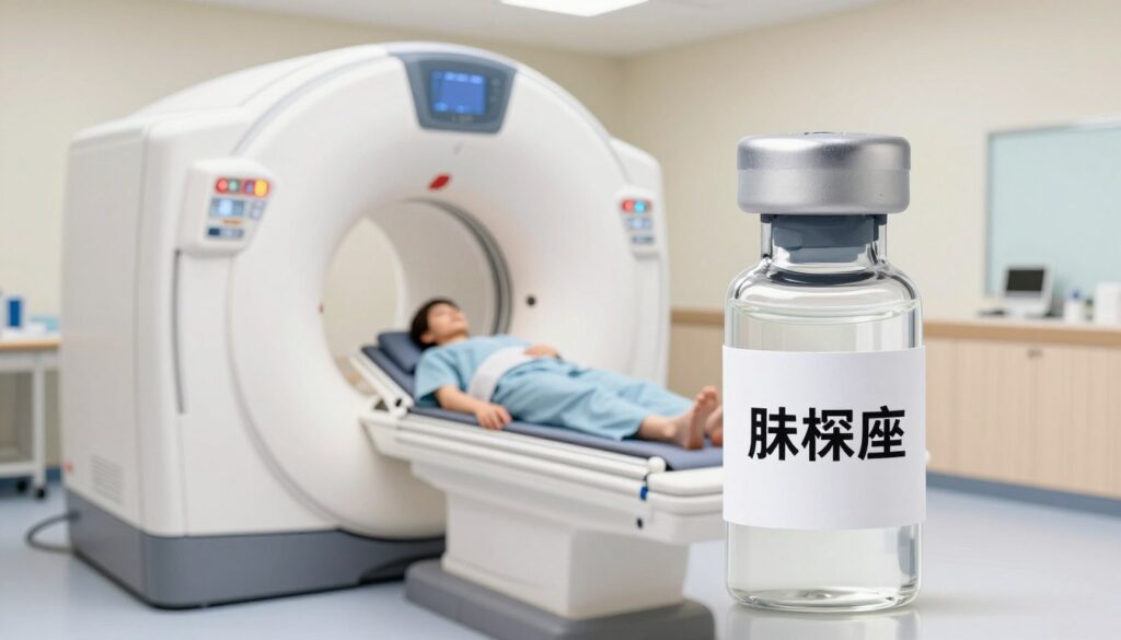 A detailed medical illustration showcasing a vial of contrast agent used in magnetic resonance imaging (MRI) for the pancreas. In the foreground, the focus is on the transparent vial filled with a clear, slightly viscous liquid, elegantly labeled to indicate its purpose. The middle ground features a realistic depiction of an MRI machine, showcasing its intricate components and a patient lying on the examining table in casual hospital attire, calmly awaiting the procedure. The background includes a softly lit, modern hospital setting, with pastel-colored walls and medical equipment that enhances the clinical atmosphere. The overall mood is professional and informative, with a clean, sterile aesthetic and soft natural lighting to emphasize precision and clarity.