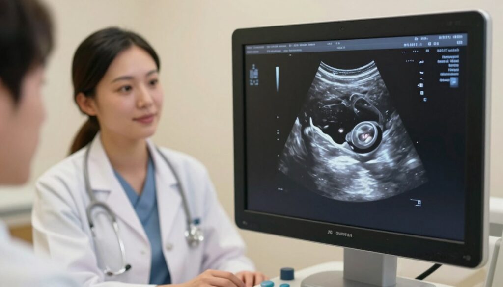 A detailed, medically accurate illustration of an early gestational sac (pęcherzyk) in a clinical setting, viewed through an ultrasound machine screen. In the foreground, display the ultrasound image prominently, showcasing the sac's round shape, surrounded by a defined rim and a small developing embryo inside. In the middle ground, include a healthcare professional in a white coat, focused on the ultrasound image with a stethoscope around their neck, exuding a sense of expertise and care. The background should be a softly lit examination room with medical equipment subtly out of focus to maintain attention on the ultrasound screen. The mood is hopeful and attentive, encapsulating the essence of early pregnancy monitoring, with soft, warm lighting to enhance the comforting atmosphere.