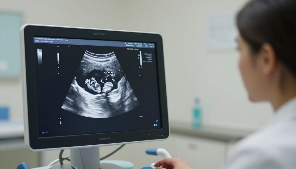 A detailed ultrasound image depicting the 10th week of pregnancy, showcasing a clear black-and-white view of the developing fetus, highlighting distinct features like the head, small limbs, and the early formation of internal organs. The foreground should feature the ultrasound monitor displaying this detailed image, with a soft glow from the screen illuminating the surroundings. In the middle ground, a healthcare professional, dressed in professional medical attire, is intently examining the monitor, conveying a sense of care and expertise. The background should be a calm, clinical environment of an ultrasound room, with soft lighting that creates a peaceful and reassuring atmosphere, highlighting the significance of this early stage of pregnancy monitoring. Focus on clarity and realism. A detailed ultrasound image depicting the 10th week of pregnancy, showcasing a clear black-and-white view of the developing fetus, highlighting distinct features like the head, small limbs, and the early formation of internal organs. The foreground should feature the ultrasound monitor displaying this detailed image, with a soft glow from the screen illuminating the surroundings. In the middle ground, a healthcare professional, dressed in professional medical attire, is intently examining the monitor, conveying a sense of care and expertise. The background should be a calm, clinical environment of an ultrasound room, with soft lighting that creates a peaceful and reassuring atmosphere, highlighting the significance of this early stage of pregnancy monitoring. Focus on clarity and realism.
