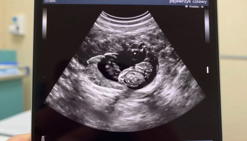 A detailed ultrasound image of a pregnancy sac, showcasing a clear view of a "pęcherzyk ciążowy" in the early stages of pregnancy around 6 weeks. The focus is on capturing the characteristics of the gestational sac, which should appear oval and well-defined, surrounded by a soft, diffuse light to highlight its contours. The background is a subtle, blurred medical environment with soft colors to emphasize the clinical nature of the imagery. The lighting should be gentle and warm, conveying a sense of hope and anticipation. The image should have a close-up angle, ensuring the details of the pregnancy sac are prominent, evoking a calm and reassuring atmosphere, suitable for a medical article.