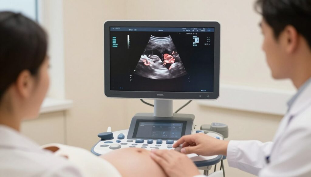 A detailed ultrasound image of the human abdomen during the third trimester of pregnancy, focusing on the belly area with a soft, natural lighting that highlights the contours and details of the skin. In the foreground, show a medical professional in a lab coat attentively examining the ultrasound screen, with a focused expression. In the middle, depict the ultrasound machine displaying clear, layered images of the fetus and surrounding structures, with highlighted annotations indicating key parameters such as fetal heart rate and abdominal circumference. In the background, include a well-lit and sterile medical room with soft colors, enhancing a professional and calm atmosphere. The perspective should be slightly elevated, emphasizing the examination process.