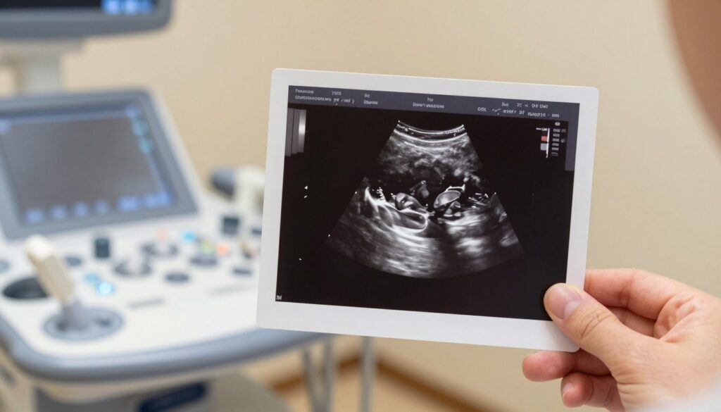A detailed ultrasound image showing a developing fetus in the womb at different stages of pregnancy, highlighting key features visible at various weeks, such as the heartbeat, limbs, and facial structures. The image should feature a soft, diffused light to create a warm and inviting atmosphere. The ultrasound scan may be presented on a well-lit examination table, with a doctor's hand holding the image, symbolizing professionalism. The background should include subtle medical equipment to emphasize the clinical setting. The composition should provide a clear view of the ultrasound, focusing on clarity and detail, evoking feelings of hope and anticipation. A detailed ultrasound image showing a developing fetus in the womb at different stages of pregnancy, highlighting key features visible at various weeks, such as the heartbeat, limbs, and facial structures. The image should feature a soft, diffused light to create a warm and inviting atmosphere. The ultrasound scan may be presented on a well-lit examination table, with a doctor's hand holding the image, symbolizing professionalism. The background should include subtle medical equipment to emphasize the clinical setting. The composition should provide a clear view of the ultrasound, focusing on clarity and detail, evoking feelings of hope and anticipation.