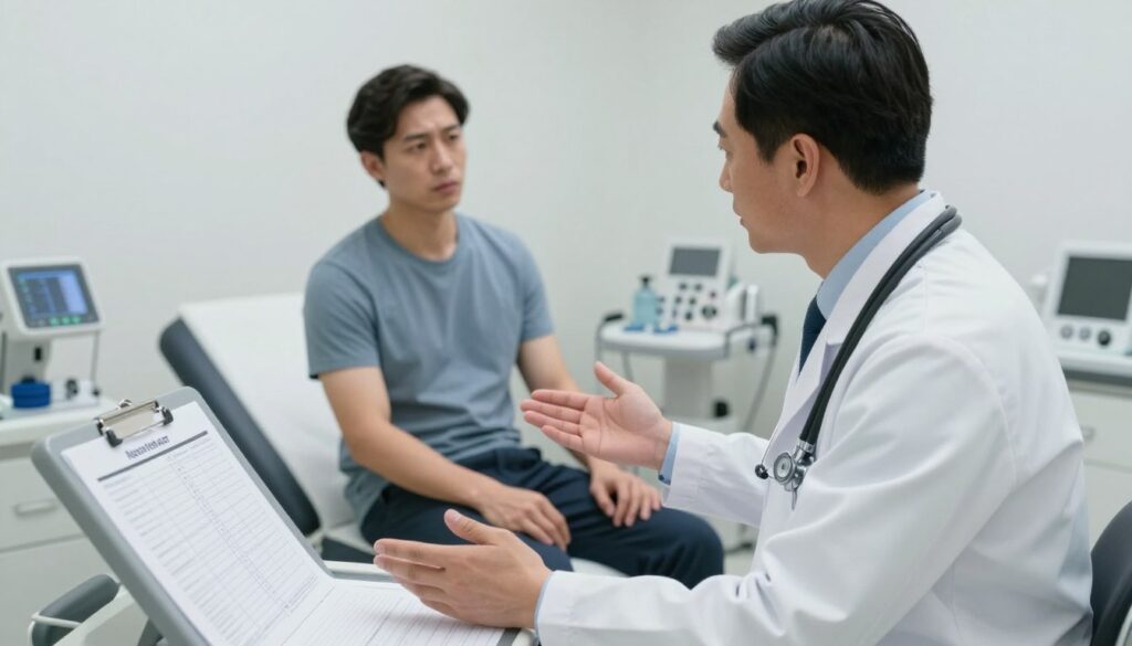A focused medical scene featuring a professional doctor, dressed in a white lab coat and wearing a stethoscope, guiding a male patient towards an examination room for a transrectal ultrasound of the prostate. The foreground shows the doctor, gesturing towards a medical workstation with clear, informative charts. The middle ground displays the patient, appearing attentive and slightly anxious, while the background reveals a clean, well-lit examination room with medical equipment strategically placed. Soft, diffused lighting creates a calm and reassuring atmosphere. The angle captures the interaction from a slightly elevated perspective, emphasizing professionalism and compassion in this clinical setting. A focused medical scene featuring a professional doctor, dressed in a white lab coat and wearing a stethoscope, guiding a male patient towards an examination room for a transrectal ultrasound of the prostate. The foreground shows the doctor, gesturing towards a medical workstation with clear, informative charts. The middle ground displays the patient, appearing attentive and slightly anxious, while the background reveals a clean, well-lit examination room with medical equipment strategically placed. Soft, diffused lighting creates a calm and reassuring atmosphere. The angle captures the interaction from a slightly elevated perspective, emphasizing professionalism and compassion in this clinical setting.