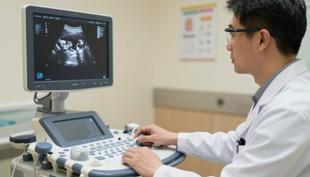 A focused scene of an obstetrician measuring the biparietal diameter (BPD) of a fetus during an ultrasound examination. In the foreground, the doctor, wearing a professional lab coat and safety glasses, is intently observing the ultrasound monitor. The middle ground features the ultrasound machine with a clear display of the fetal head measurement. The background shows a softly lit clinic environment, complete with medical charts and calming colors. The lighting is warm and professional, highlighting the serious yet hopeful atmosphere of a medical examination. The angle captures both the doctor’s focused expression and the ultrasound screen, emphasizing accuracy in fetal measurements. The overall mood is calm, informative, and professional, embodying trust and care in prenatal health. A focused scene of an obstetrician measuring the biparietal diameter (BPD) of a fetus during an ultrasound examination. In the foreground, the doctor, wearing a professional lab coat and safety glasses, is intently observing the ultrasound monitor. The middle ground features the ultrasound machine with a clear display of the fetal head measurement. The background shows a softly lit clinic environment, complete with medical charts and calming colors. The lighting is warm and professional, highlighting the serious yet hopeful atmosphere of a medical examination. The angle captures both the doctor’s focused expression and the ultrasound screen, emphasizing accuracy in fetal measurements. The overall mood is calm, informative, and professional, embodying trust and care in prenatal health.