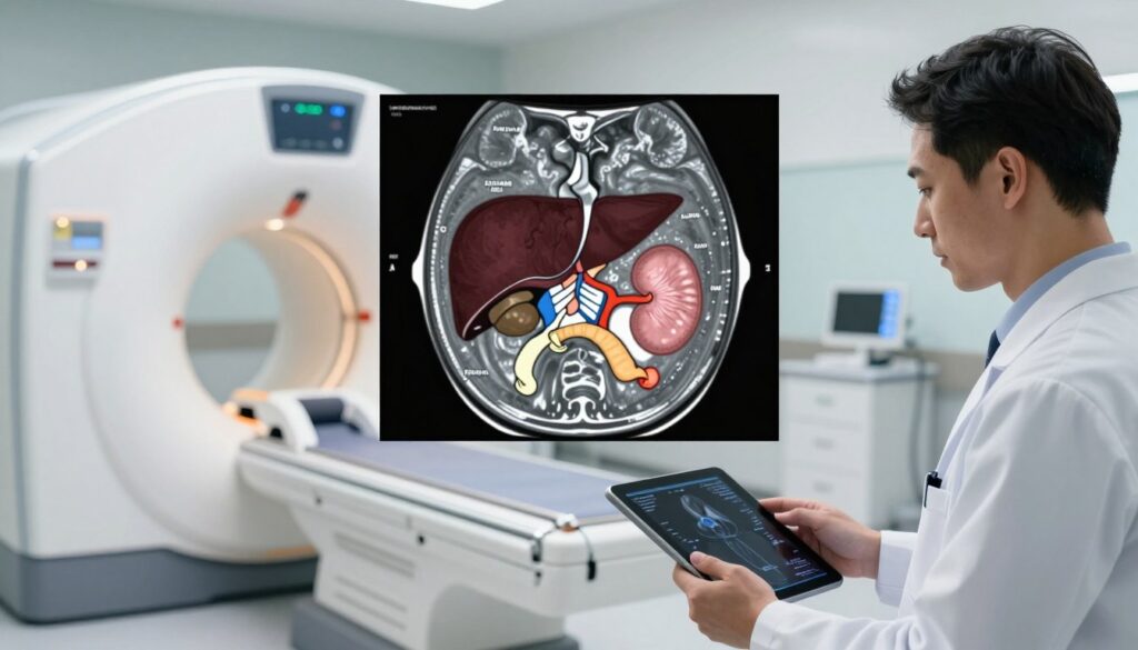A high-resolution medical illustration depicting the concept of abdominal magnetic resonance imaging (MRI) diagnosis. In the foreground, show a professional healthcare provider in a lab coat, analyzing MRI scans on a tablet, with a look of concentration. In the middle, include a large, detailed image of a human abdomen as seen through an MRI scan, highlighting organs such as the liver, kidneys, and pancreas in vibrant colors, with anatomical labels for clarity. In the background, incorporate a modern MRI machine with soft, ambient lighting that creates a reassuring atmosphere, suitable for a clinical environment. The overall mood should be professional and informative, conveying the importance of MRI in medical diagnostics.