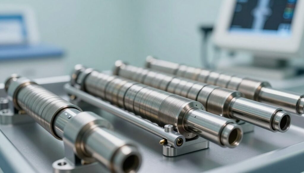 A highly detailed close-up of various metal components typically associated with medical imaging equipment, including coils, frames, and connectors. The foreground showcases polished metal surfaces reflecting soft, clinical lighting, emphasizing their intricate designs. In the middle, a subtle array of additional metal elements creates a textured background, enhancing the focus on the main components. The background features a slightly blurred imaging room to suggest an environment where knee resonances are conducted, conveying a sense of professionalism and precision. The overall atmosphere is sterile and modern, evoking feelings of safety and care in medical settings. The image is captured with a shallow depth of field, creating a soft focus on the metal elements while the background remains harmoniously blurred.