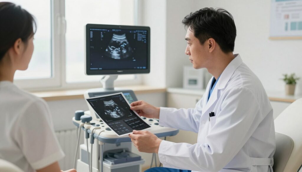 A male doctor, dressed in a pristine white lab coat and blue scrubs, is examining a patient's ultrasound results in a bright, modern examination room. In the foreground, the doctor is focused intently on the images displayed on a computer screen. The middle ground features an examination table with medical equipment neatly arranged, including an ultrasound machine. Behind the doctor, a window lets in warm, natural light, creating a calm and professional atmosphere. Soft shadows accentuate the doctor's features, emphasizing his concentration and competence. The overall mood is one of trust and professionalism, highlighting the doctor's role in guiding patients through their healthcare journey. The scene captures the essence of patient care in a contemporary medical setting. A male doctor, dressed in a pristine white lab coat and blue scrubs, is examining a patient's ultrasound results in a bright, modern examination room. In the foreground, the doctor is focused intently on the images displayed on a computer screen. The middle ground features an examination table with medical equipment neatly arranged, including an ultrasound machine. Behind the doctor, a window lets in warm, natural light, creating a calm and professional atmosphere. Soft shadows accentuate the doctor's features, emphasizing his concentration and competence. The overall mood is one of trust and professionalism, highlighting the doctor's role in guiding patients through their healthcare journey. The scene captures the essence of patient care in a contemporary medical setting.