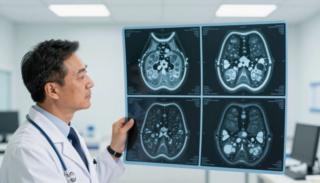 A medical comparison scene showcasing X-ray (RTG), CT scan, and MRI images of sinuses, displayed side by side. In the foreground, a professional doctor in a white lab coat examines the images, with focused expression and proper business attire. The middle layer features the clear, detailed images of RTG, CT, and MRI scans, each labeled subtly for distinction. The background includes a modern medical environment with soft lighting, emphasizing cleanliness and professionalism. The atmosphere is analytical and informative, with a sense of clarity and precision fitting for a medical analysis. The angle is slightly elevated to capture both the doctor’s engagement and the scan images effectively, creating a balanced and informative composition. A medical comparison scene showcasing X-ray (RTG), CT scan, and MRI images of sinuses, displayed side by side. In the foreground, a professional doctor in a white lab coat examines the images, with focused expression and proper business attire. The middle layer features the clear, detailed images of RTG, CT, and MRI scans, each labeled subtly for distinction. The background includes a modern medical environment with soft lighting, emphasizing cleanliness and professionalism. The atmosphere is analytical and informative, with a sense of clarity and precision fitting for a medical analysis. The angle is slightly elevated to capture both the doctor’s engagement and the scan images effectively, creating a balanced and informative composition.