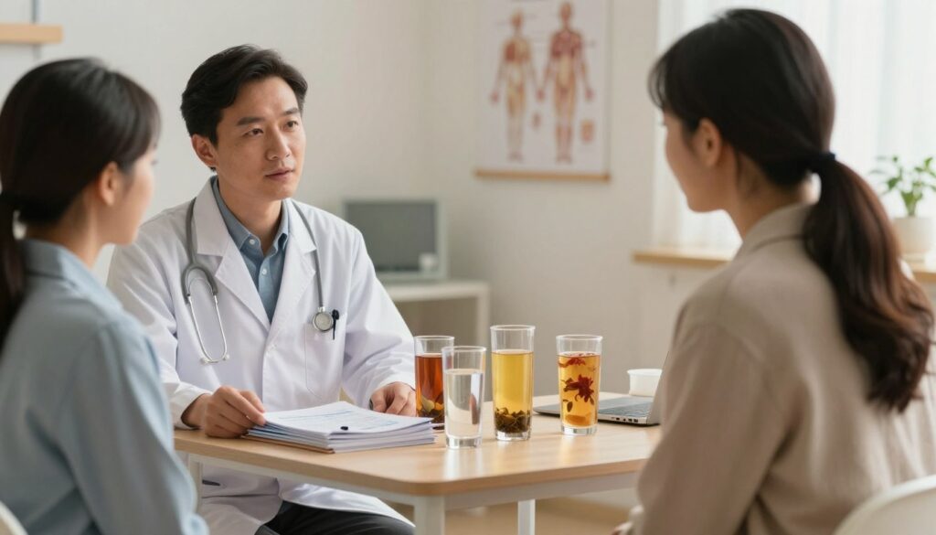 A medical consultation setting focused on discussing fluid intake prior to medical imaging, specifically MRI scans. In the foreground, a professional in a lab coat, with a stack of pamphlets about fluid guidelines, appears engaged in conversation with a patient dressed in business casual attire. In the middle, a table with a variety of beverages such as water, herbal tea, and clear juices arranged neatly, signifying the options for pre-scan fluid intake. The background features a softly lit medical office with a subtle anatomical poster on the wall, emphasizing a calming, professional atmosphere. Utilize warm lighting to create a welcoming feeling, shot from eye level to ensure intimacy and engagement in the scene, conveying important medical advice with clarity and professionalism. A medical consultation setting focused on discussing fluid intake prior to medical imaging, specifically MRI scans. In the foreground, a professional in a lab coat, with a stack of pamphlets about fluid guidelines, appears engaged in conversation with a patient dressed in business casual attire. In the middle, a table with a variety of beverages such as water, herbal tea, and clear juices arranged neatly, signifying the options for pre-scan fluid intake. The background features a softly lit medical office with a subtle anatomical poster on the wall, emphasizing a calming, professional atmosphere. Utilize warm lighting to create a welcoming feeling, shot from eye level to ensure intimacy and engagement in the scene, conveying important medical advice with clarity and professionalism.