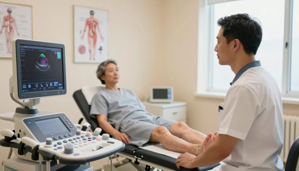 A medical examination room featuring a patient undergoing a lower limb Doppler ultrasound. In the foreground, a confident technician in professional attire stands beside a high-tech ultrasound machine, attentively monitoring the screen displaying colorful Doppler images of blood flow in the veins. The middle ground showcases the patient, a middle-aged individual comfortably resting on an exam table, with a medical gown, observing the procedure. In the background, soft, warm lighting illuminates the room, enhancing the clinical yet calm atmosphere. Detailed medical diagrams on the walls add to the educational environment, while a window allows natural light to filter in, creating a serene and inviting space for medical evaluation.