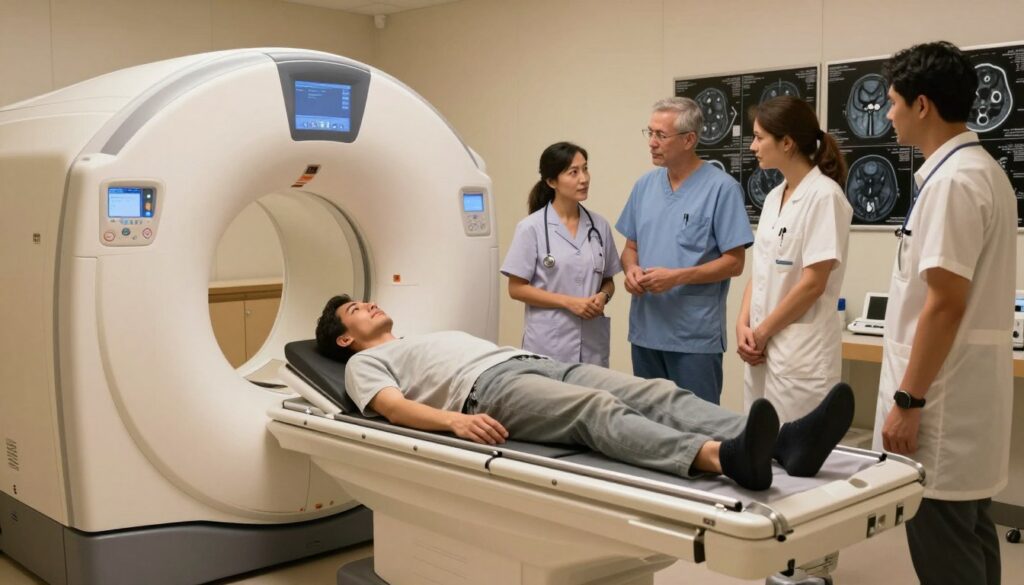 A medical examination room focused on magnetic resonance imaging of the head. In the foreground, a sleek, advanced MRI machine stands ready for use, its electronic controls illuminated softly under warm, diffused lighting. In the middle ground, a patient in modest casual clothing lies comfortably on the examination table, looking calm and relaxed. Surrounding them are health professionals, dressed in professional attire, discussing the procedure with reassuring expressions. In the background, various medical diagrams and posters about different types of head MRI scans are visible, adding an informative vibe to the setting. The atmosphere is one of professionalism and care, emphasizing the importance of specialized imaging in medical diagnostics. The overall mood is calm and clinical, with an emphasis on patient comfort and advanced technology. A medical examination room focused on magnetic resonance imaging of the head. In the foreground, a sleek, advanced MRI machine stands ready for use, its electronic controls illuminated softly under warm, diffused lighting. In the middle ground, a patient in modest casual clothing lies comfortably on the examination table, looking calm and relaxed. Surrounding them are health professionals, dressed in professional attire, discussing the procedure with reassuring expressions. In the background, various medical diagrams and posters about different types of head MRI scans are visible, adding an informative vibe to the setting. The atmosphere is one of professionalism and care, emphasizing the importance of specialized imaging in medical diagnostics. The overall mood is calm and clinical, with an emphasis on patient comfort and advanced technology.