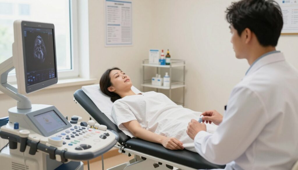 A medical examination room, vividly lit with soft, natural light filtering through a window. In the foreground, a healthcare professional in a white lab coat prepares for a thyroid ultrasound, standing beside an ultrasound machine with a screen displaying a clear image. The middle layer showcases a patient lying comfortably on an examination table, wearing a modest patient gown, looking calm and at ease. The background features medical charts, a small shelf with medical supplies, and a reassuring environment that emphasizes cleanliness and professionalism. The atmosphere should feel warm and inviting, reflecting a safe space for medical procedures. The scene is framed from a slight angle to capture both the patient and the healthcare provider in action.