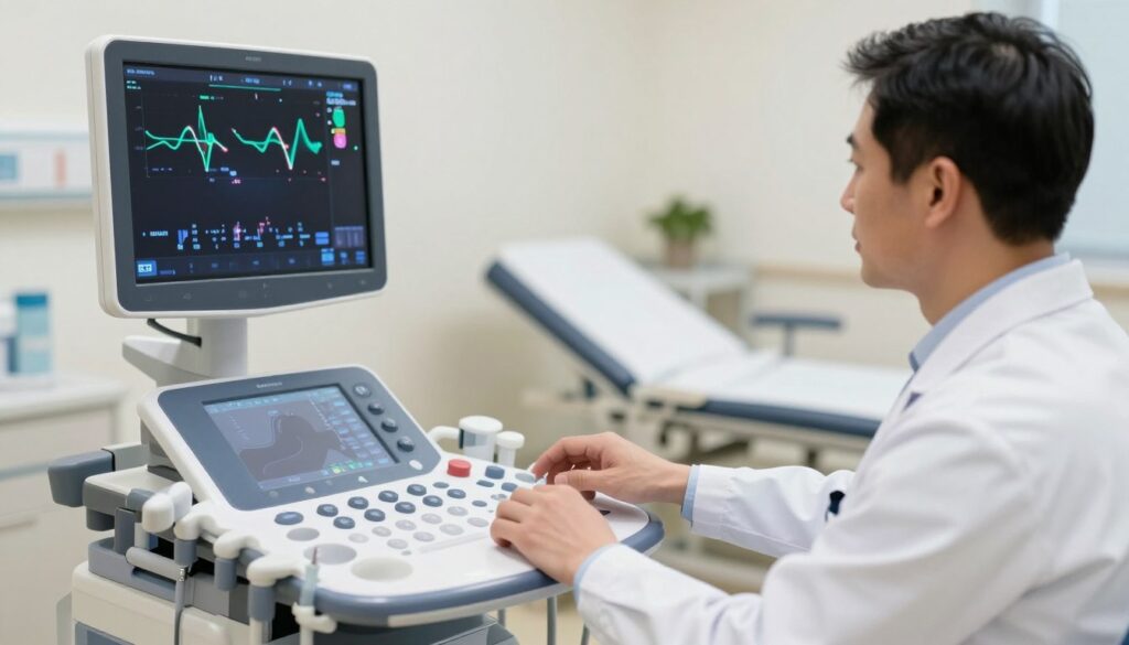 A medical illustration of a Doppler ultrasound machine in a clinical setting, showcasing the examination of renal arteries. In the foreground, a qualified healthcare professional dressed in a white lab coat, focused on the ultrasound screen displaying colorful waveforms representing blood flow in the renal arteries. In the middle ground, the Doppler ultrasound device is clearly visible alongside various medical instruments. In the background, a slightly blurred hospital room with soft lighting, emphasizing cleanliness and professionalism. The atmosphere is calm and informative, ideal for a medical context. The image should prioritize clarity and educational value, avoiding any distractions or added elements.