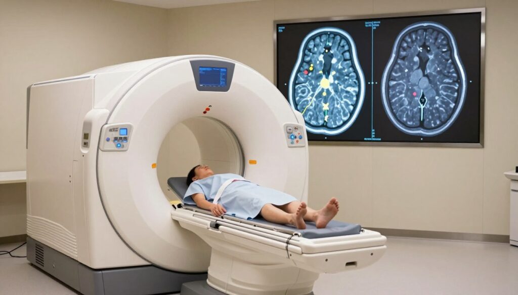 A medical imaging room featuring a state-of-the-art MRI machine at the center, designed to depict a contrast-enhanced brain scan. In the foreground, the MRI machine is shown in detail, highlighting the control panel with soft blue lighting. The middle ground includes a patient on a clinical examination table, dressed in a modest hospital gown, comfortably positioned within the machine's magnetic field. Behind, a large screen displays contrasting images of a brain scan, illustrating areas highlighted by the contrast agent, in vivid colors against a dark background. The atmosphere conveys a sense of professionalism and calm, with soft, diffused lighting that eases the clinical environment. The overall composition emphasizes the importance of contrast in medical imaging without distractions, focusing solely on the MRI process. A medical imaging room featuring a state-of-the-art MRI machine at the center, designed to depict a contrast-enhanced brain scan. In the foreground, the MRI machine is shown in detail, highlighting the control panel with soft blue lighting. The middle ground includes a patient on a clinical examination table, dressed in a modest hospital gown, comfortably positioned within the machine's magnetic field. Behind, a large screen displays contrasting images of a brain scan, illustrating areas highlighted by the contrast agent, in vivid colors against a dark background. The atmosphere conveys a sense of professionalism and calm, with soft, diffused lighting that eases the clinical environment. The overall composition emphasizes the importance of contrast in medical imaging without distractions, focusing solely on the MRI process.