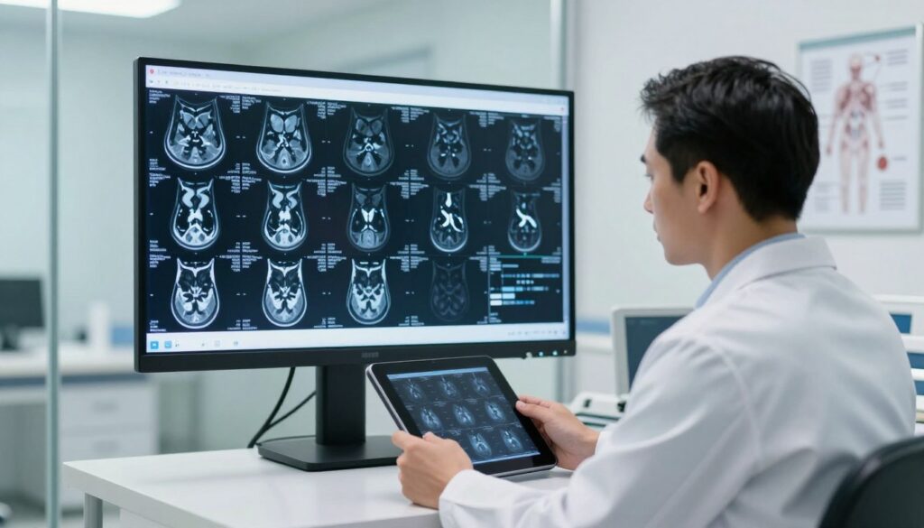 A medical professional analyzing MRI scans in a modern, well-lit hospital setting. In the foreground, a focused radiologist, dressed in a crisp white lab coat, examines a series of detailed resonance images on a digital tablet, showcasing patterns indicative of various conditions. The middle ground features a large screen displaying magnified views of the MRI results, with highlighted areas and annotations for clarity. The background shows a clean, professional environment, with medical diagrams and charts on the walls, creating an atmosphere of seriousness and professionalism. Soft, natural light filters through the glass walls, reflecting an air of precision and care in diagnostic processes. The overall mood is informative and contemplative, emphasizing the importance of thorough explanations in medical imaging. A medical professional analyzing MRI scans in a modern, well-lit hospital setting. In the foreground, a focused radiologist, dressed in a crisp white lab coat, examines a series of detailed resonance images on a digital tablet, showcasing patterns indicative of various conditions. The middle ground features a large screen displaying magnified views of the MRI results, with highlighted areas and annotations for clarity. The background shows a clean, professional environment, with medical diagrams and charts on the walls, creating an atmosphere of seriousness and professionalism. Soft, natural light filters through the glass walls, reflecting an air of precision and care in diagnostic processes. The overall mood is informative and contemplative, emphasizing the importance of thorough explanations in medical imaging.