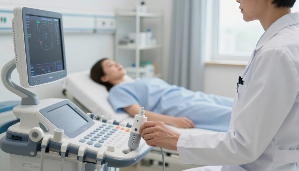 A medical professional, dressed in a sterile white coat, is in a brightly lit hospital room preparing a portable ultrasound machine. The foreground features the ultrasound device prominently, with the transducer head clearly visible, displaying a clean and organized workspace. In the middle ground, a patient lies comfortably on an examination bed, positioned for the ultrasound, covered modestly with a light blue hospital gown. The background shows shelves with medical supplies, a monitor displaying patient data, and soft natural light filtering through a window, creating a calm, focused atmosphere. The image captures the essence of urgency and professionalism, emphasizing the preparation involved in emergency ultrasound procedures. A medical professional, dressed in a sterile white coat, is in a brightly lit hospital room preparing a portable ultrasound machine. The foreground features the ultrasound device prominently, with the transducer head clearly visible, displaying a clean and organized workspace. In the middle ground, a patient lies comfortably on an examination bed, positioned for the ultrasound, covered modestly with a light blue hospital gown. The background shows shelves with medical supplies, a monitor displaying patient data, and soft natural light filtering through a window, creating a calm, focused atmosphere. The image captures the essence of urgency and professionalism, emphasizing the preparation involved in emergency ultrasound procedures.