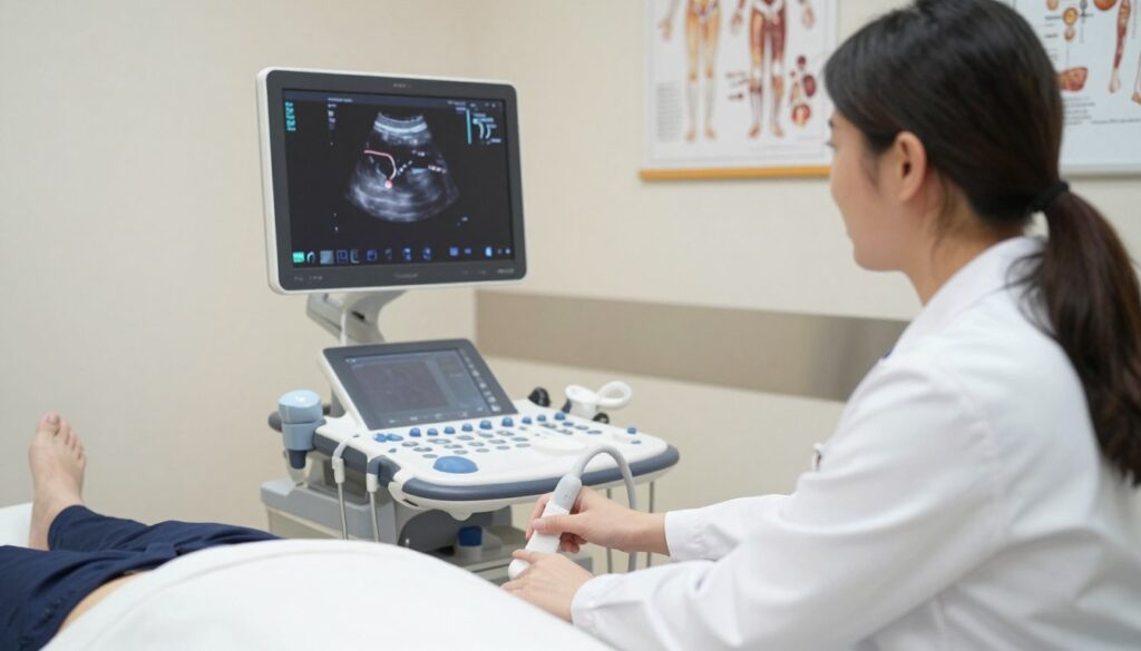 A medical professional performing an ultrasound examination focusing on the kidneys and bladder. The scene is set in a well-lit, sterile examination room, showcasing high-tech medical equipment like an ultrasound machine and a monitor displaying real-time images. The foreground features the medical professional, dressed in a white lab coat and scrubs, attentively guiding the ultrasound probe over a patient's abdomen. The middle ground captures the monitor displaying detailed images of the kidneys and bladder, providing a clear view of the organs. The background shows medical charts and anatomical posters, enhancing the clinical atmosphere. Soft, natural lighting adds warmth to the scene, instilling a sense of care and professionalism in the examination process.