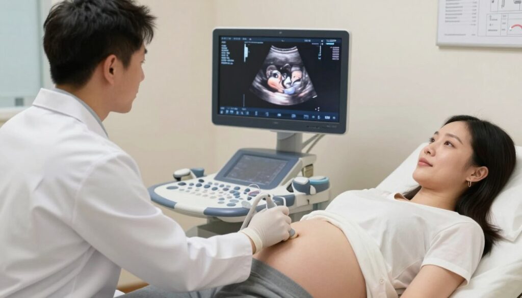 A medical professional performing an ultrasound on a pregnant woman, focusing on the measurement of the fetal abdominal circumference. In the foreground, the doctor, dressed in a white lab coat and wearing medical gloves, gently places the ultrasound transducer on the woman’s abdomen. The woman, modestly dressed in a comfortable shirt, lays on an examination table, looking relaxed and attentive. In the middle, the ultrasound machine displays a clear image of the fetus, highlighting the abdomen. The background includes a softly lit clinical environment with charts and medical instruments, creating a sterile yet reassuring atmosphere. Soft, diffused lighting enhances the professionalism of the scene, capturing the essence of a prenatal ultrasound monitoring procedure. The angle is slightly elevated, focusing on the interaction between the doctor and the patient.