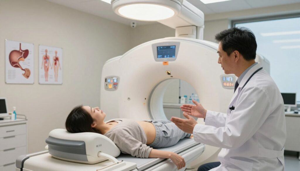 A medical professional preparing a patient for an abdominal MRI in a clean and well-lit hospital examination room. In the foreground, a doctor in professional attire explains the procedure to a patient, who wears modest, casual clothing. The middle of the image showcases medical equipment, including an MRI machine, and a few diagrams of abdominal anatomy on the wall. Soft, ambient lighting creates a calm atmosphere, while bright overhead lights enhance the clinical setting. The background features shelves with medical supplies and a window showing a clear sky, symbolizing hope and healing. The image evokes a sense of professionalism and reassurance, emphasizing the importance of preparation before undergoing an MRI scan of the abdomen.